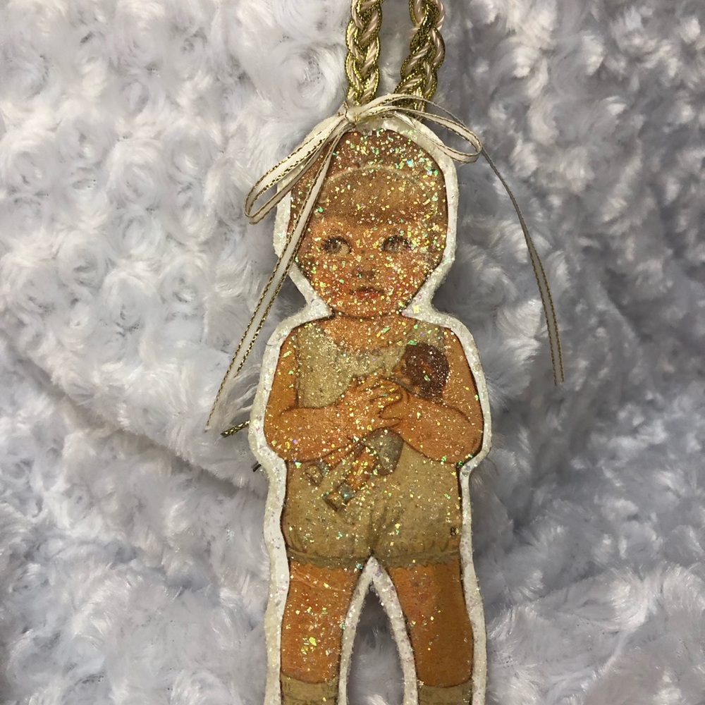 Authentic Vintage Handcrafted Paper Doll Ornament-Glittery Gold Baby Ornament